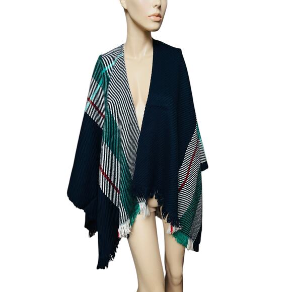 Maje Jacquard Poncho Lightweight Cape Top One Size Open Front Fringed Trim - Picture 4 of 9